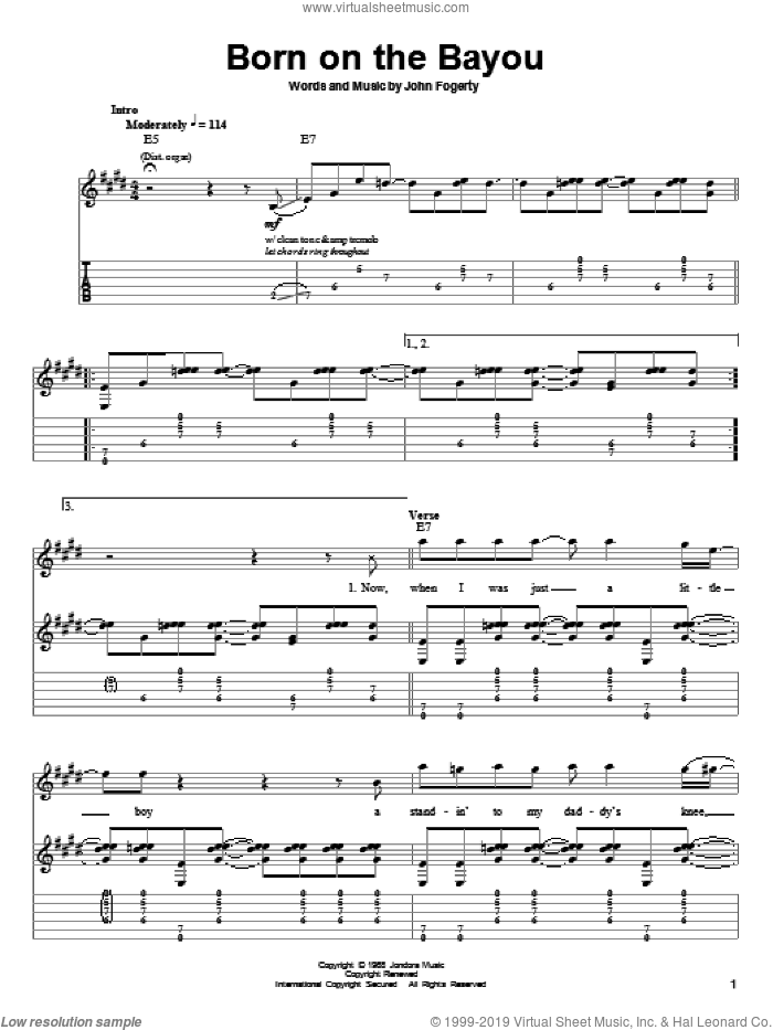Born On The Bayou sheet music for guitar (tablature, play-along) by Creedence Clearwater Revival and John Fogerty, intermediate skill level