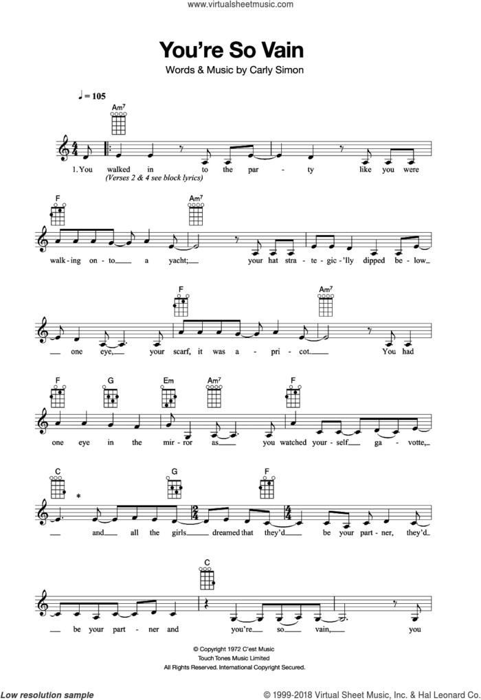 You're So Vain sheet music for ukulele by Carly Simon, intermediate skill level