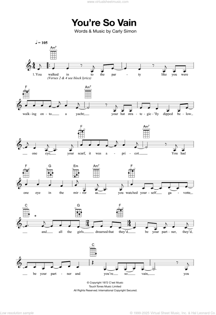 You're So Vain sheet music for ukulele by Carly Simon, intermediate skill level