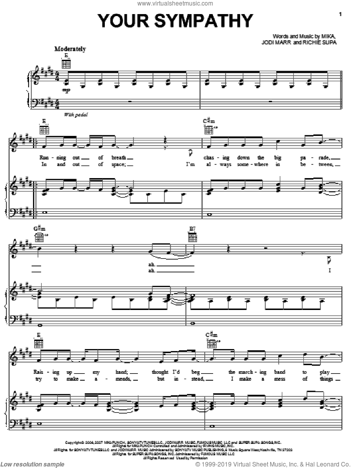 Your Sympathy sheet music for voice, piano or guitar by Mika, Jodi Marr and Richie Supa, intermediate skill level
