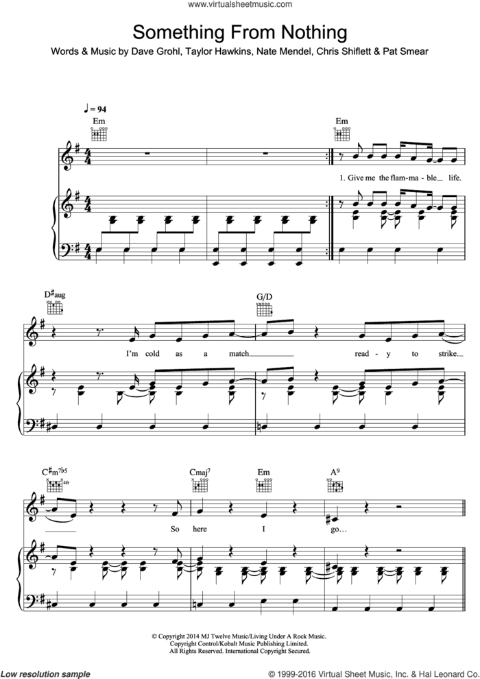 Something From Nothing sheet music for voice, piano or guitar by Foo Fighters, Chris Shiflett, Dave Grohl, Nate Mendel, Pat Smear and Taylor Hawkins, intermediate skill level