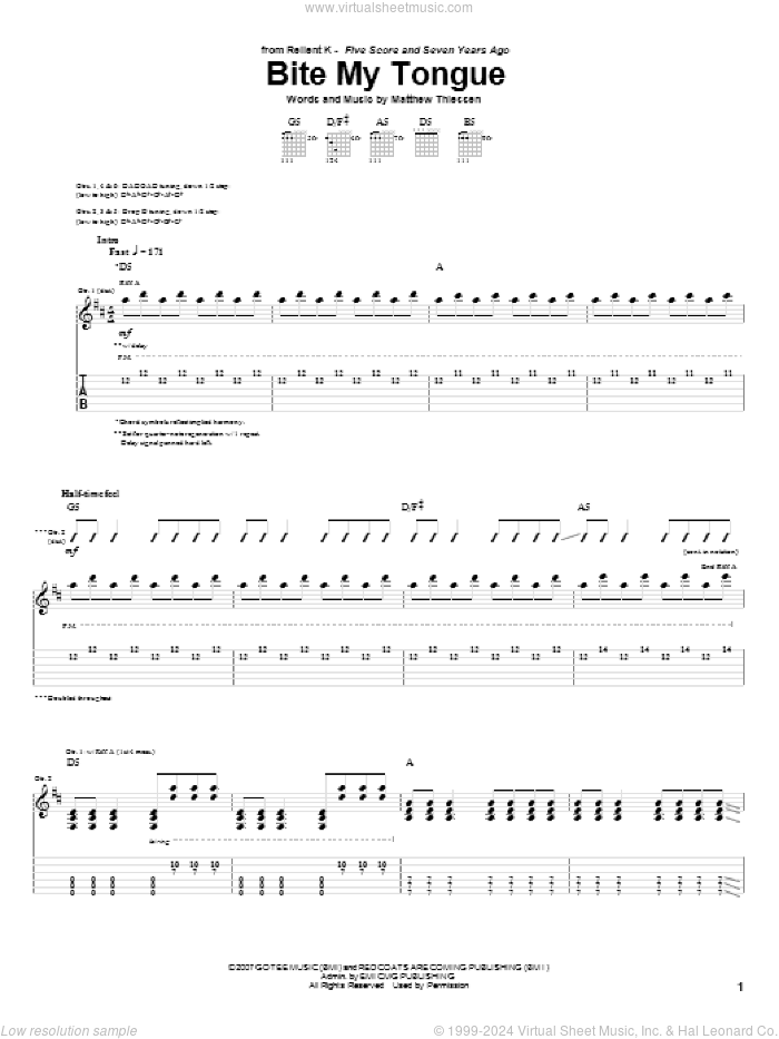 Bite My Tongue sheet music for guitar (tablature) by Relient K and Matthew Thiessen, intermediate skill level