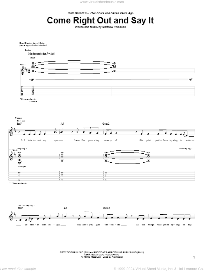 Come Right Out And Say It sheet music for guitar (tablature) by Relient K and Matthew Thiessen, intermediate skill level