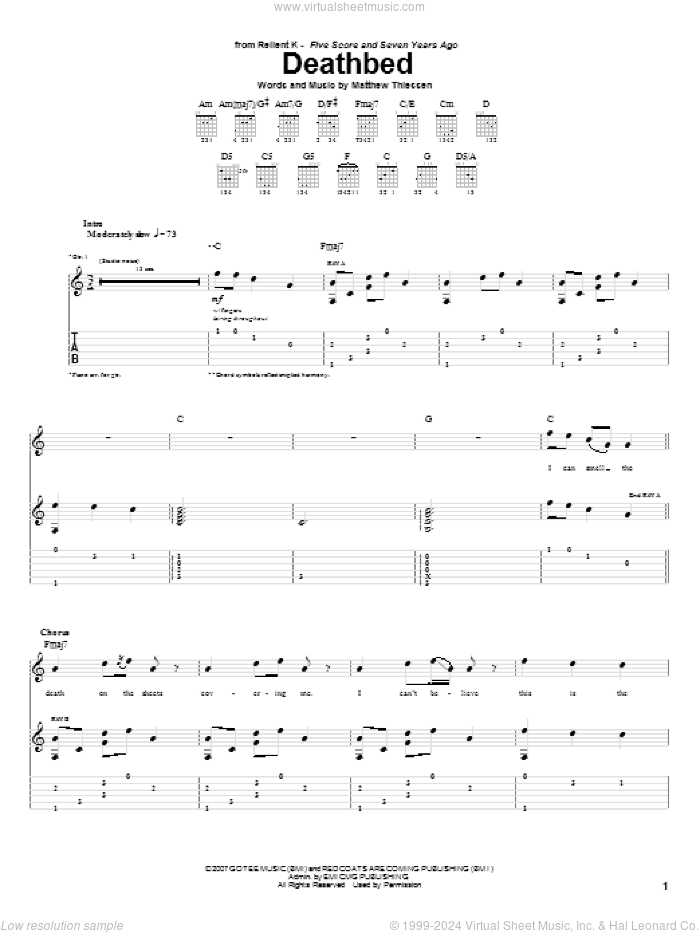 Deathbed sheet music for guitar (tablature) by Relient K and Matthew Thiessen, intermediate skill level