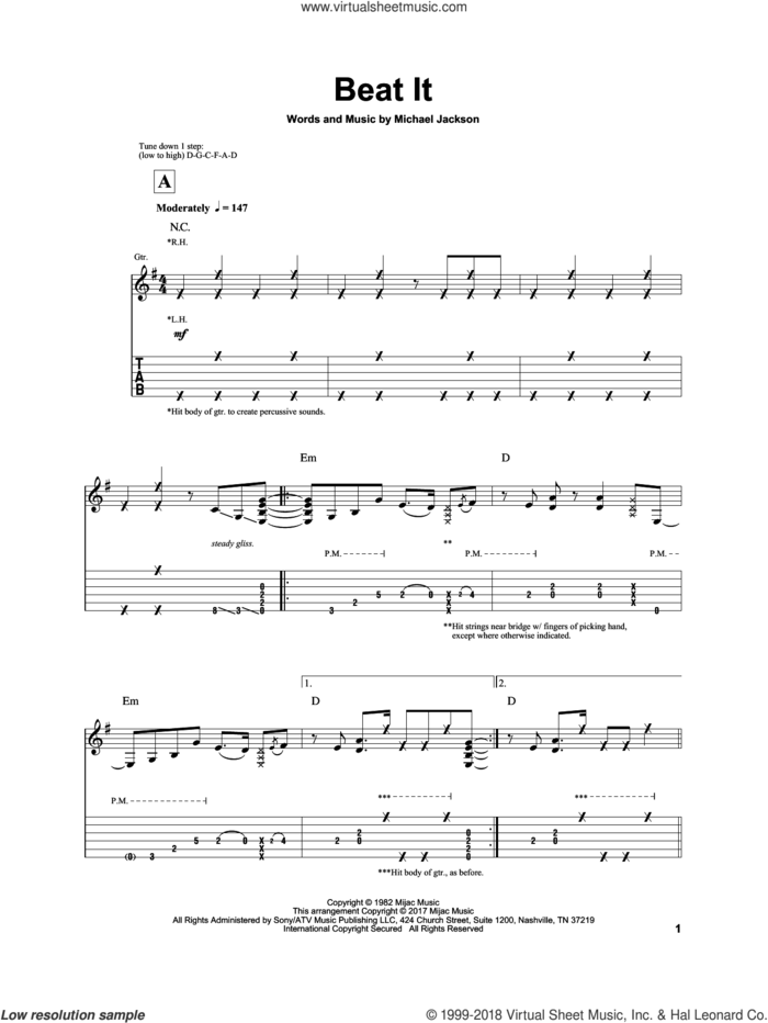 Beat It, (intermediate) sheet music for guitar solo by Michael Jackson and Igor Presnyakov, intermediate skill level