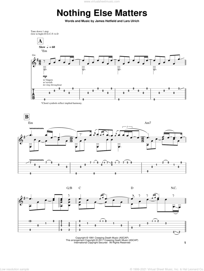 Nothing Else Matters sheet music for guitar solo by Igor Presnyakov, Metallica, James Hetfield and Lars Ulrich, intermediate skill level