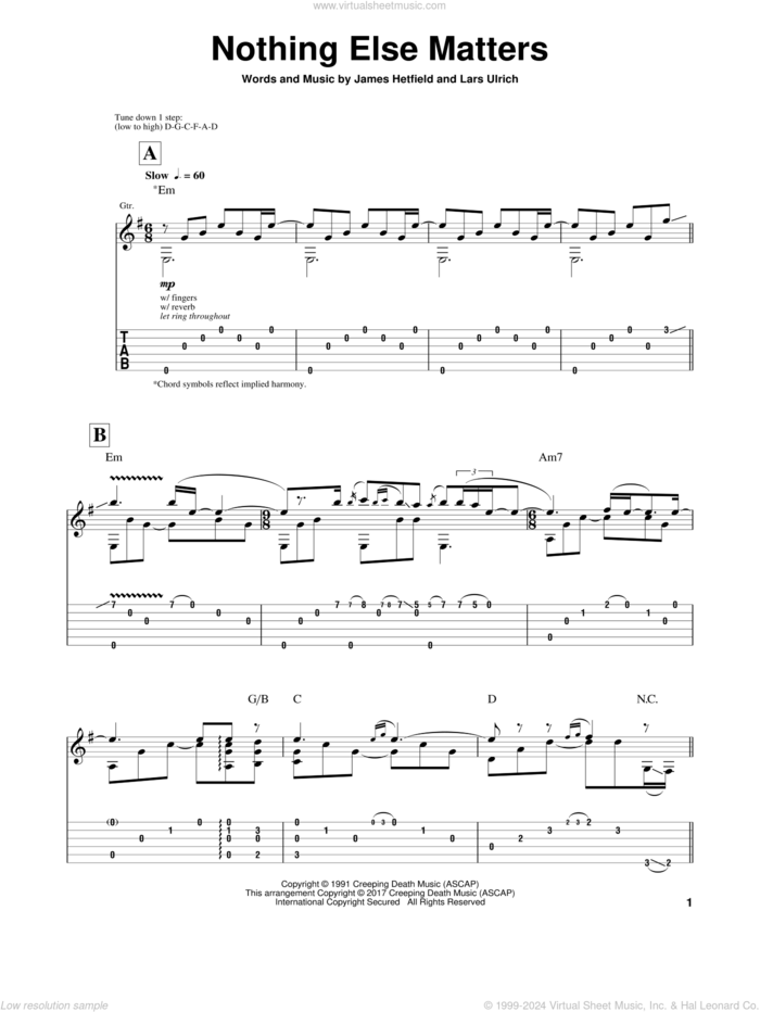 Nothing Else Matters sheet music for guitar solo by Igor Presnyakov, Metallica, James Hetfield and Lars Ulrich, intermediate skill level