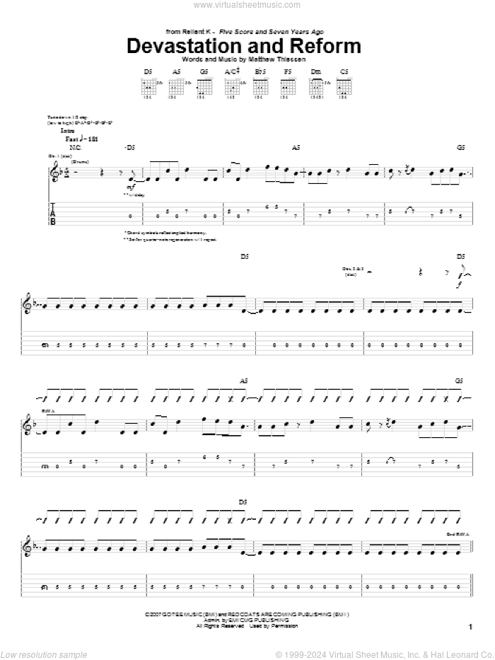 Devastation And Reform sheet music for guitar (tablature) by Relient K and Matthew Thiessen, intermediate skill level