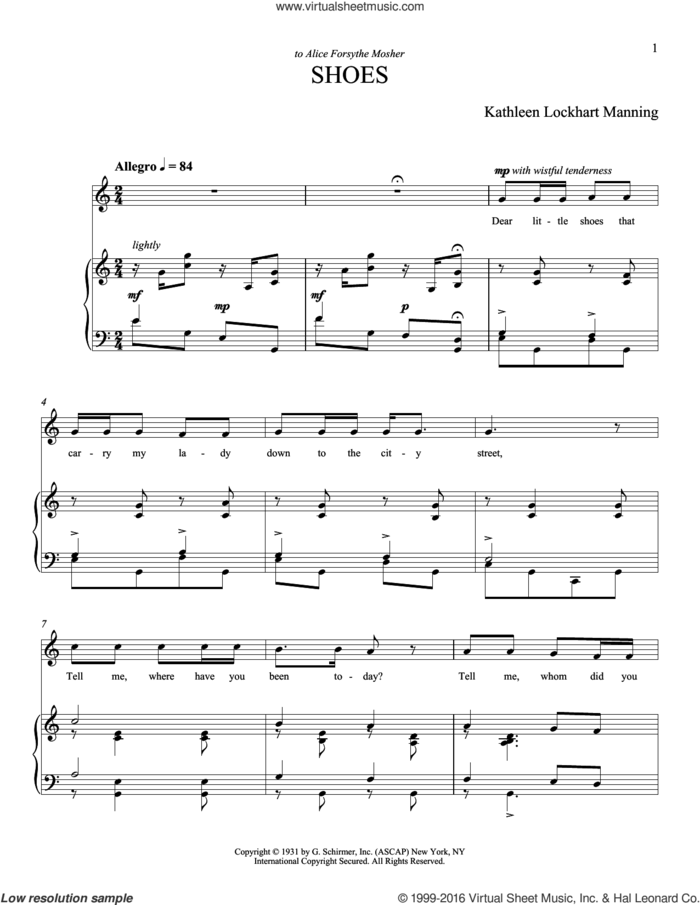 Shoes sheet music for voice and piano by Kathleen Lockhart Manning and Joan Frey Boytim, classical score, intermediate skill level