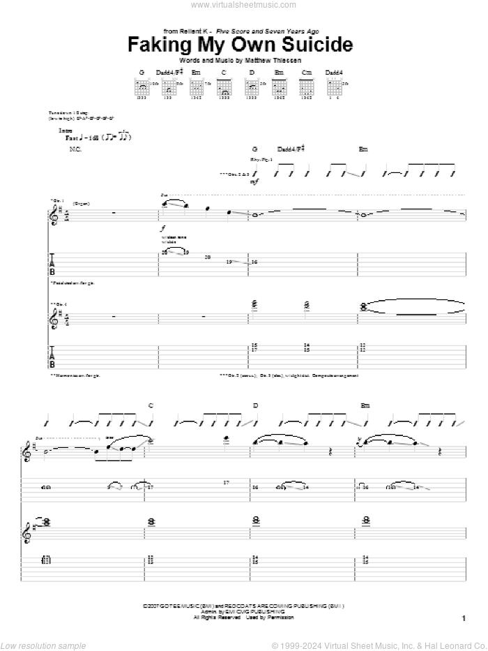 Faking My Own Suicide sheet music for guitar (tablature) by Relient K and Matthew Thiessen, intermediate skill level