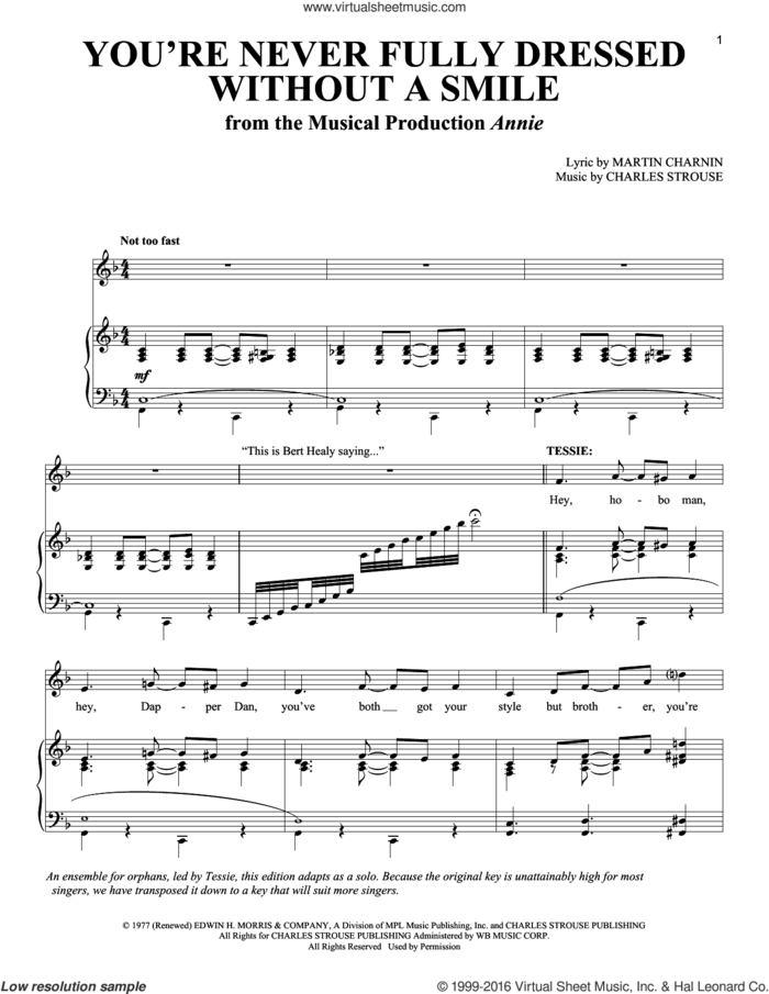 You're Never Fully Dressed Without A Smile sheet music for voice and piano by Martin Charnin and Charles Strouse, intermediate skill level