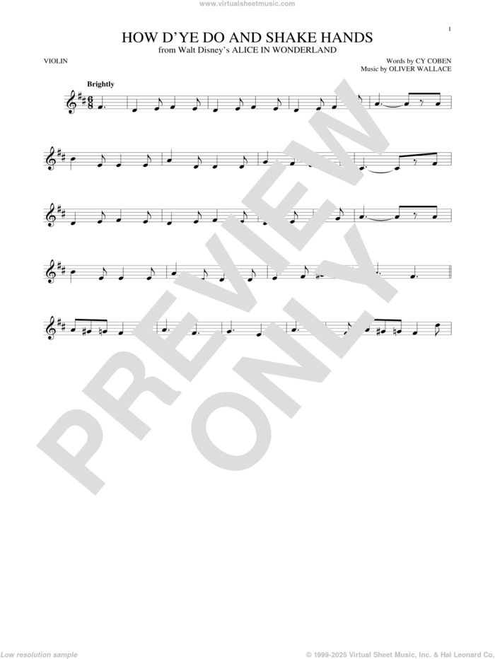 How D'ye Do And Shake Hands sheet music for violin solo by Cy Coben and Oliver Wallace, intermediate skill level