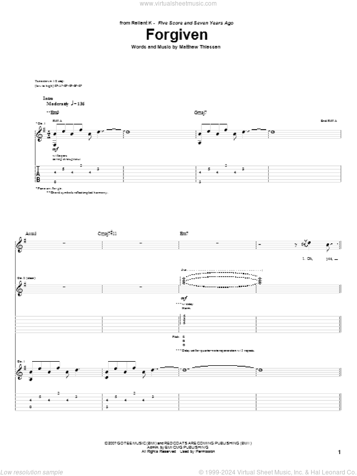 Forgiven sheet music for guitar (tablature) by Relient K and Matthew Thiessen, intermediate skill level