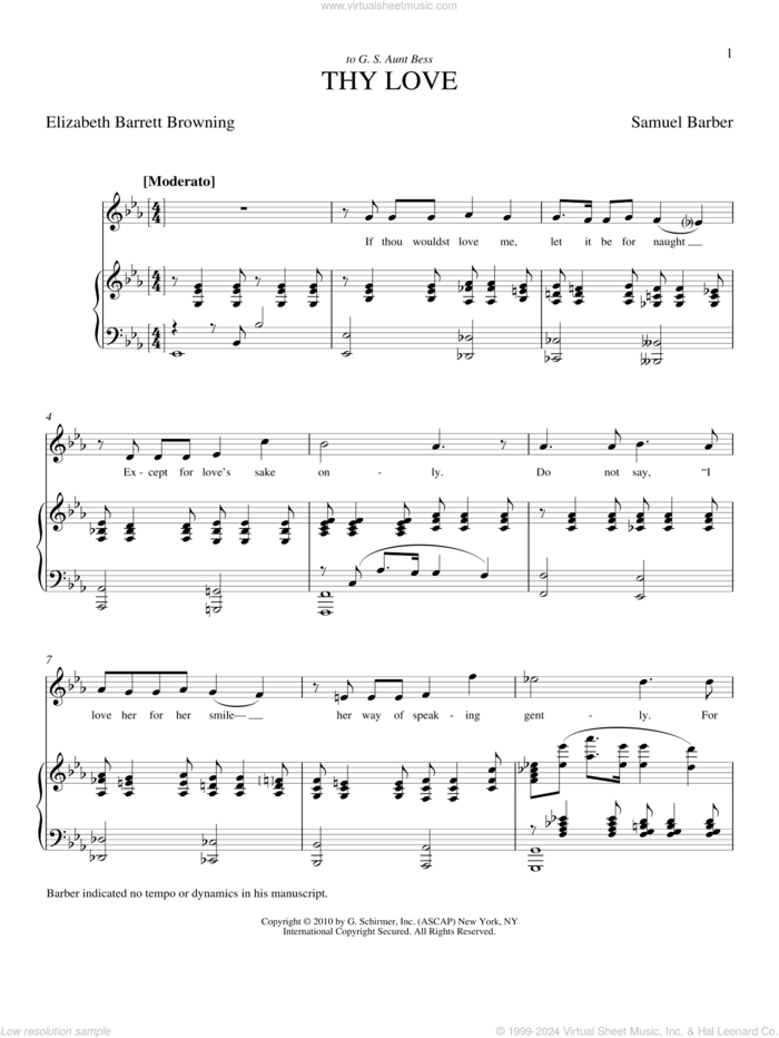 Thy Love sheet music for voice and piano (Soprano) by Samuel Barber and Joan Frey Boytim, classical score, intermediate skill level