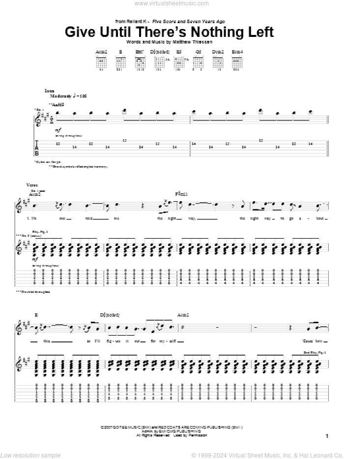 Give Until There's Nothing Left sheet music for guitar (tablature) by Relient K and Matthew Thiessen, intermediate skill level