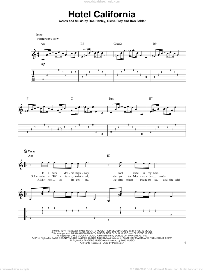 Hotel California, (intermediate) sheet music for guitar solo by Don Henley, The Eagles, Don Felder and Glenn Frey, intermediate skill level