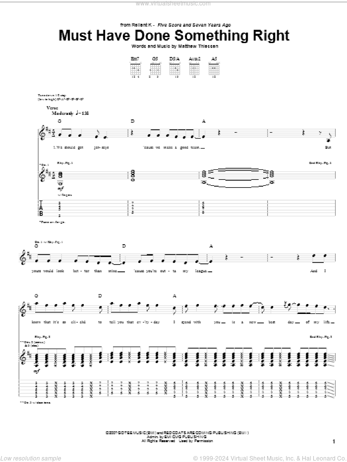 Must Have Done Something Right sheet music for guitar (tablature) by Relient K and Matthew Thiessen, intermediate skill level