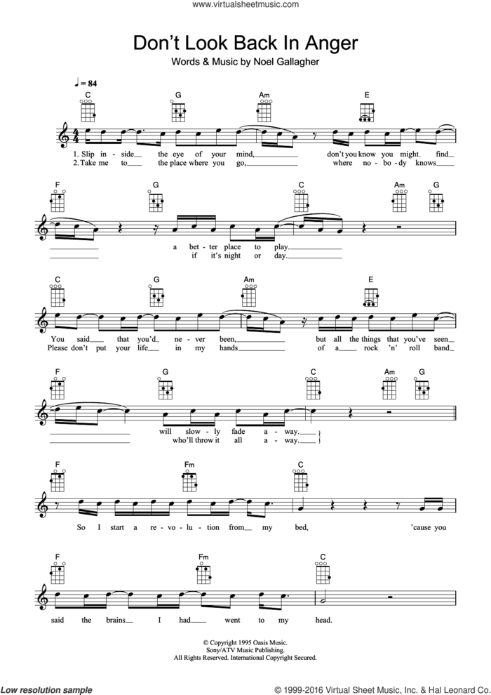 Don't Look Back In Anger sheet music for ukulele by Oasis and Noel Gallagher, intermediate skill level