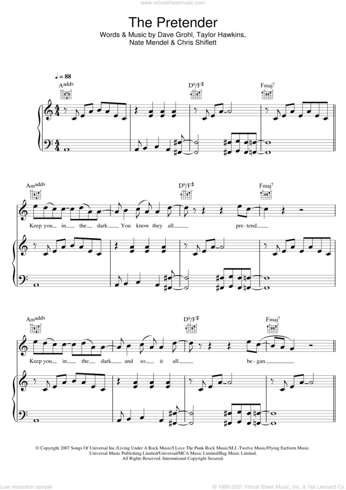 The Pretender sheet music for voice, piano or guitar by Foo Fighters, Chris Shiflett, Dave Grohl, Nate Mendel and Taylor Hawkins, intermediate skill level