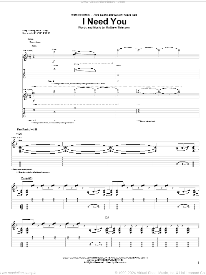 I Need You sheet music for guitar (tablature) by Relient K and Matthew Thiessen, intermediate skill level