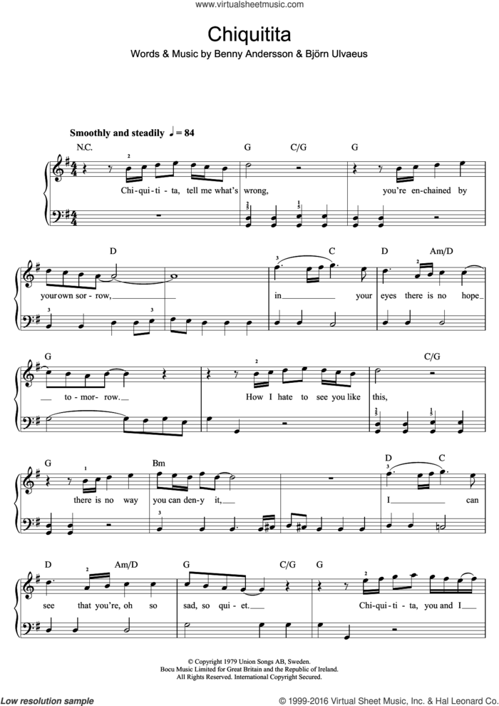 Chiquitita sheet music for piano solo (beginners) by ABBA, Benny Andersson and Bjorn Ulvaeus, beginner piano (beginners)