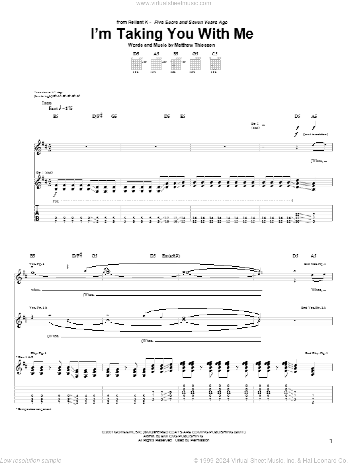 I'm Taking You With Me sheet music for guitar (tablature) by Relient K and Matthew Thiessen, intermediate skill level