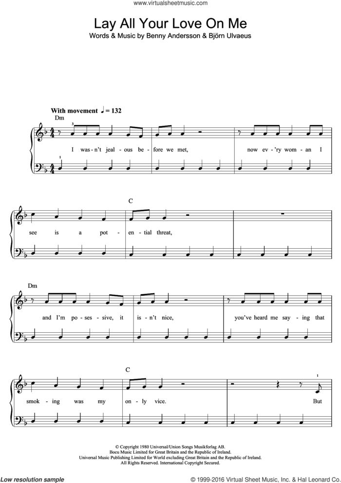 Lay All Your Love On Me sheet music for piano solo (beginners) by ABBA, Benny Andersson and Bjorn Ulvaeus, beginner piano (beginners)