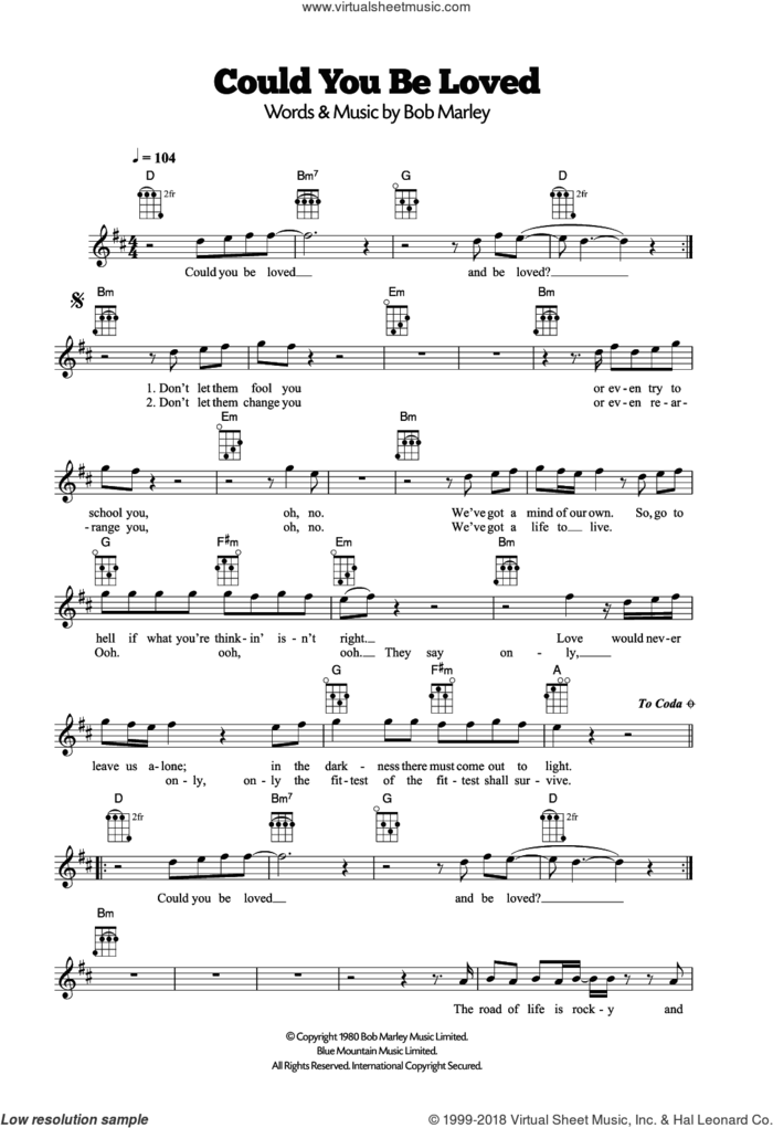 Could You Be Loved sheet music for ukulele by Bob Marley, intermediate skill level