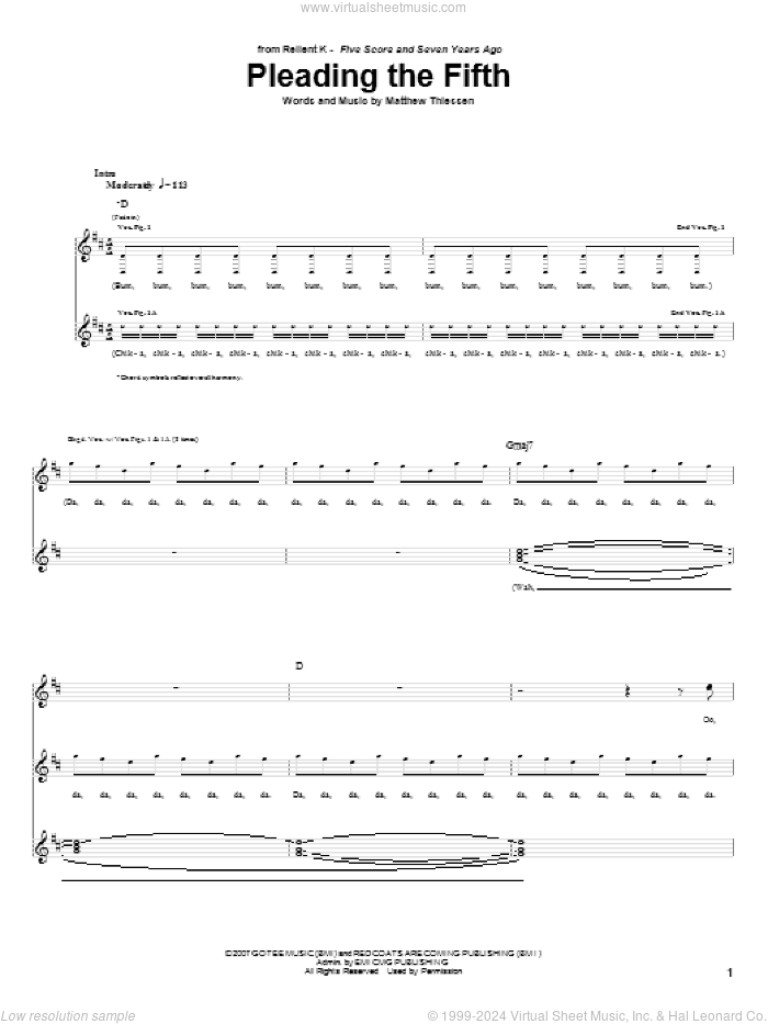 Pleading The Fifth sheet music for guitar (tablature) by Relient K and Matthew Thiessen, intermediate skill level