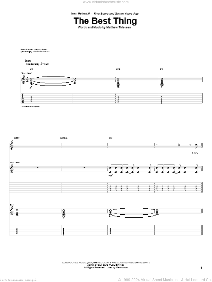 The Best Thing sheet music for guitar (tablature) by Relient K and Matthew Thiessen, intermediate skill level