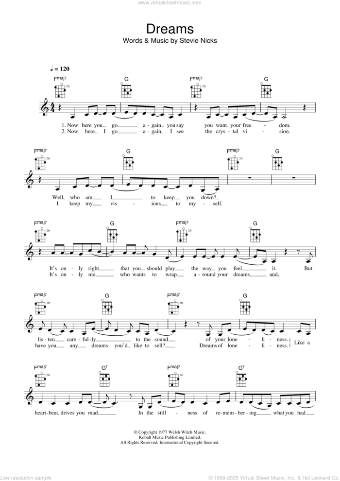 Dreams sheet music for ukulele by Fleetwood Mac, The Corrs and Stevie Nicks, intermediate skill level