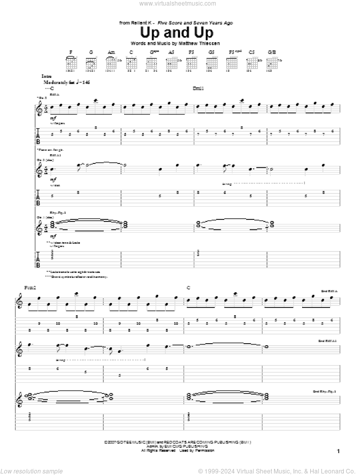 Up And Up sheet music for guitar (tablature) by Relient K and Matthew Thiessen, intermediate skill level