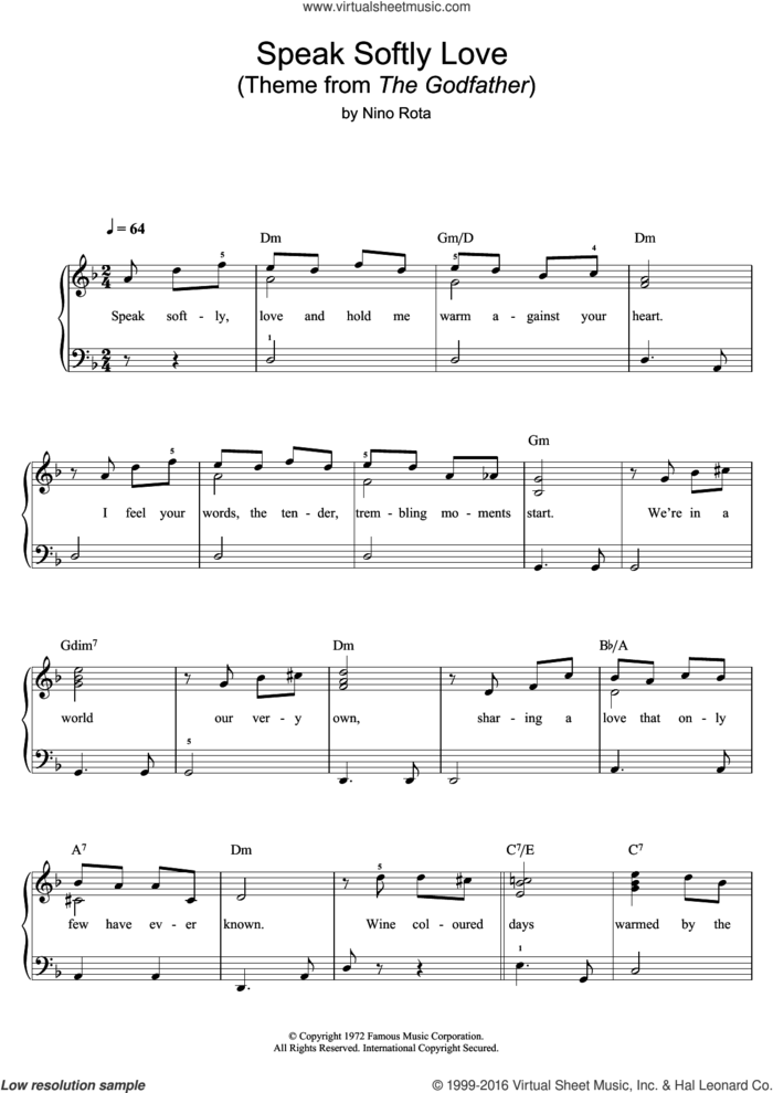 Speak Softly Love (Godfather Theme) sheet music for piano solo by Andy Williams and Nino Rota, easy skill level