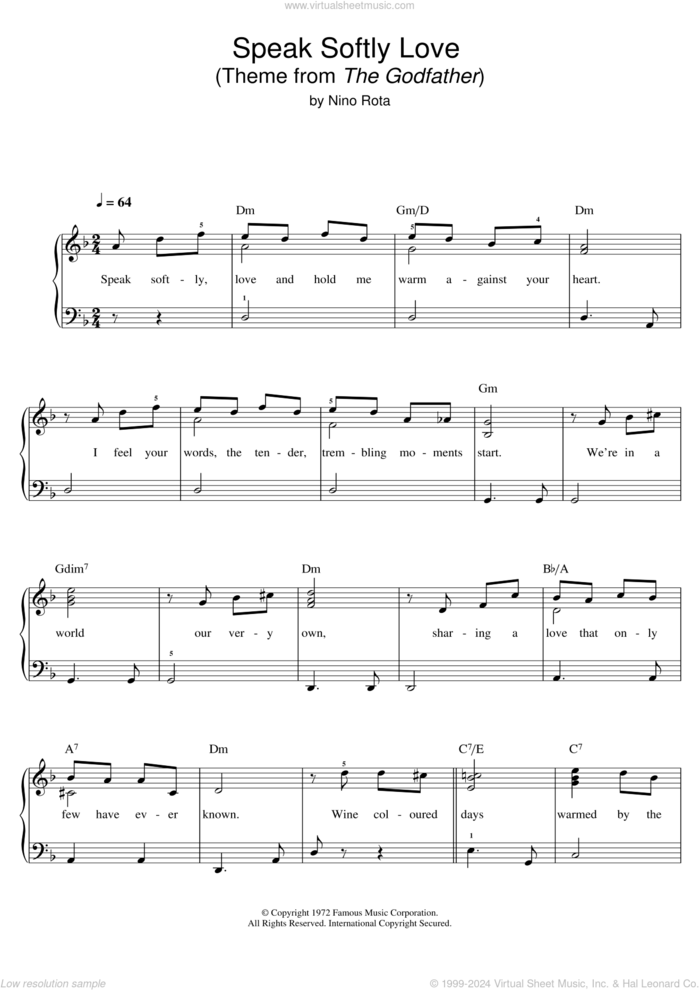 Speak Softly Love (Godfather Theme) sheet music for piano solo by Andy Williams and Nino Rota, easy skill level