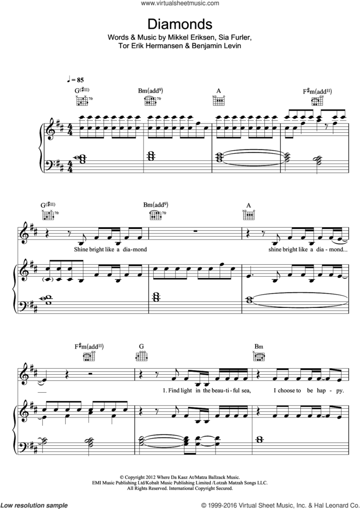 Diamonds sheet music for voice, piano or guitar by Josef Salvat, Rihanna, Benjamin Levin, Mikkel Eriksen, Sia Furler and Tor Erik Hermansen, intermediate skill level