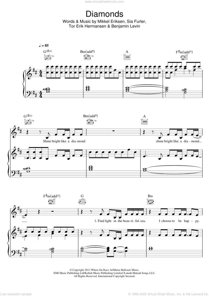 Diamonds sheet music for voice, piano or guitar by Josef Salvat, Rihanna, Benjamin Levin, Mikkel Eriksen, Sia Furler and Tor Erik Hermansen, intermediate skill level