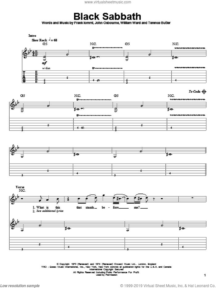 Black Sabbath sheet music for guitar (tablature, play-along) by Black Sabbath, Ozzy Osbourne, Frank Iommi, John Osbourne, Terence Butler and William Ward, intermediate skill level
