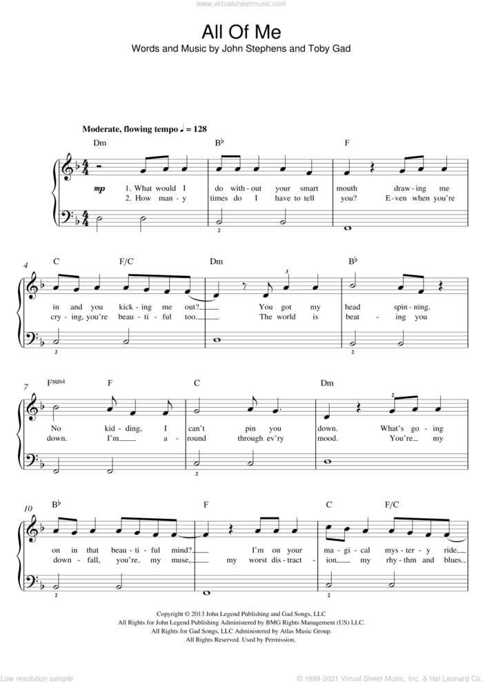 All Of Me sheet music for piano solo (beginners) by John Legend and Toby Gad, beginner piano (beginners)