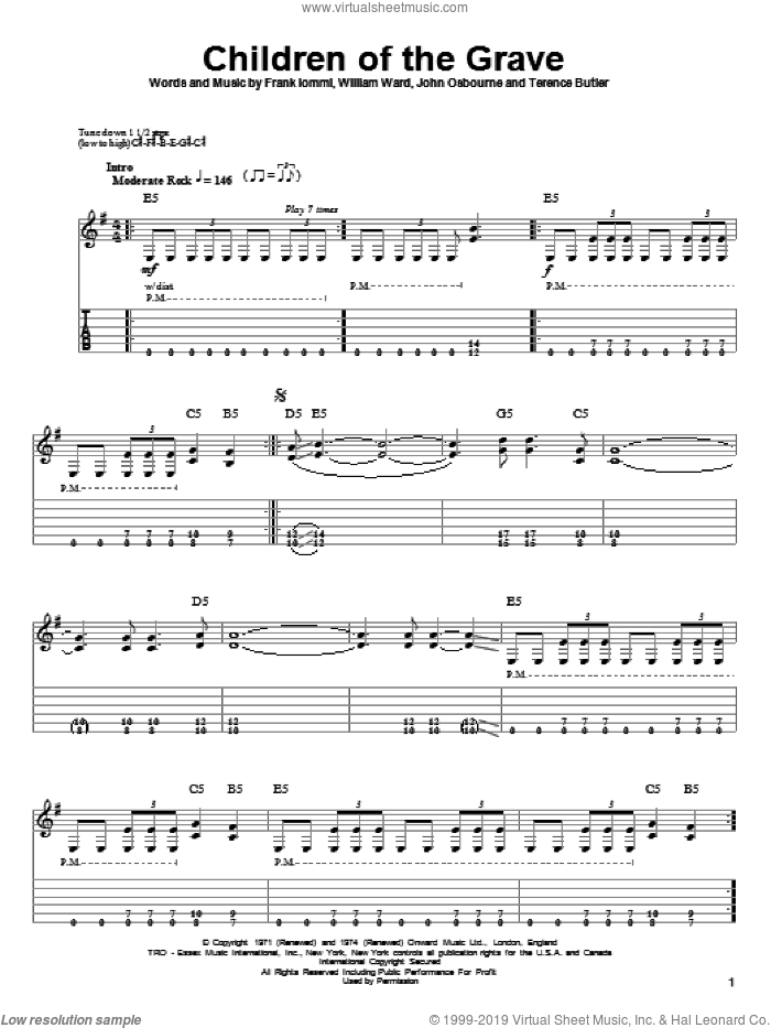 Children Of The Grave sheet music for guitar (tablature, play-along) by Black Sabbath, Ozzy Osbourne, White Zombie, Frank Iommi, John Osbourne, Terence Butler and William Ward, intermediate skill level
