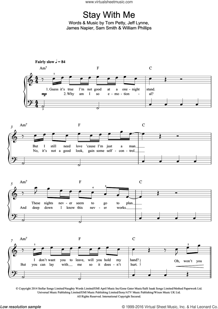 Stay With Me sheet music for piano solo (beginners) by Sam Smith, James Napier, Jeff Lynne, Tom Petty and William Phillips, beginner piano (beginners)