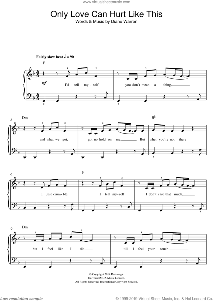 Only Love Can Hurt Like This sheet music for piano solo (beginners) by Paloma Faith and Diane Warren, beginner piano (beginners)