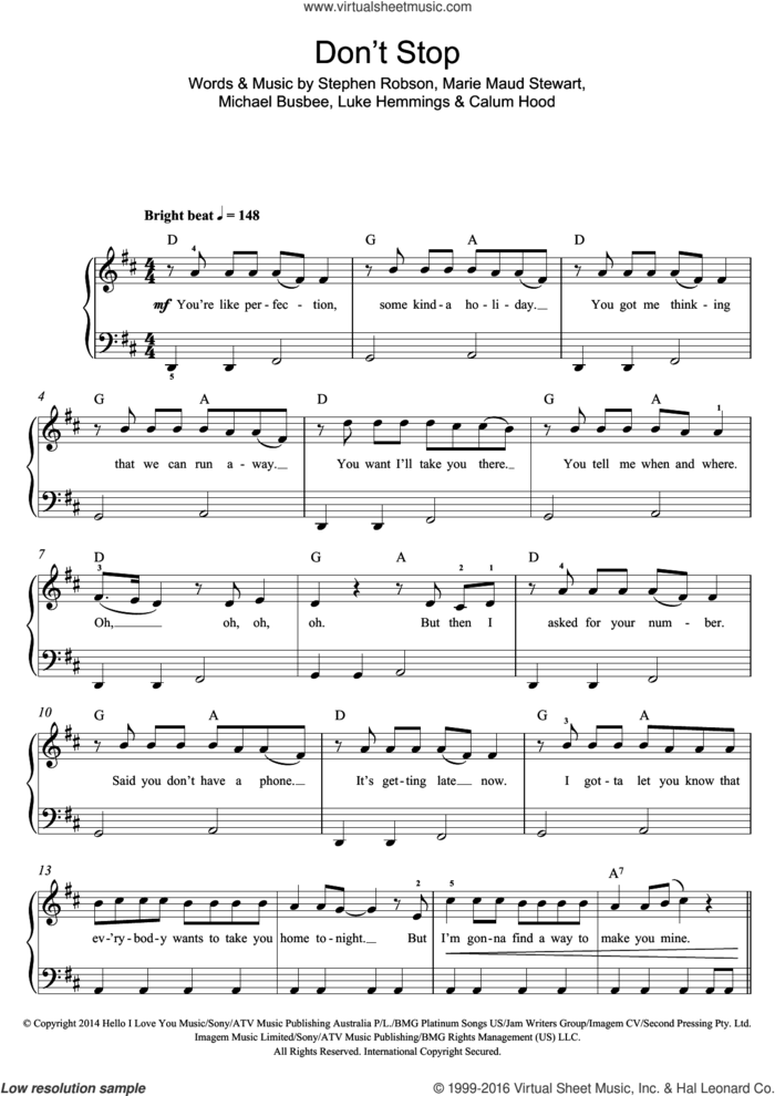 Don't Stop sheet music for piano solo (beginners) by 5 Seconds of Summer, Calum Hood, Luke Hemmings, Marie Maud Stewart, Michael Busbee and Steve Robson, beginner piano (beginners)
