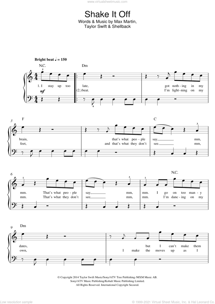 Shake It Off sheet music for piano solo (beginners) by Taylor Swift, Max Martin and Shellback, beginner piano (beginners)