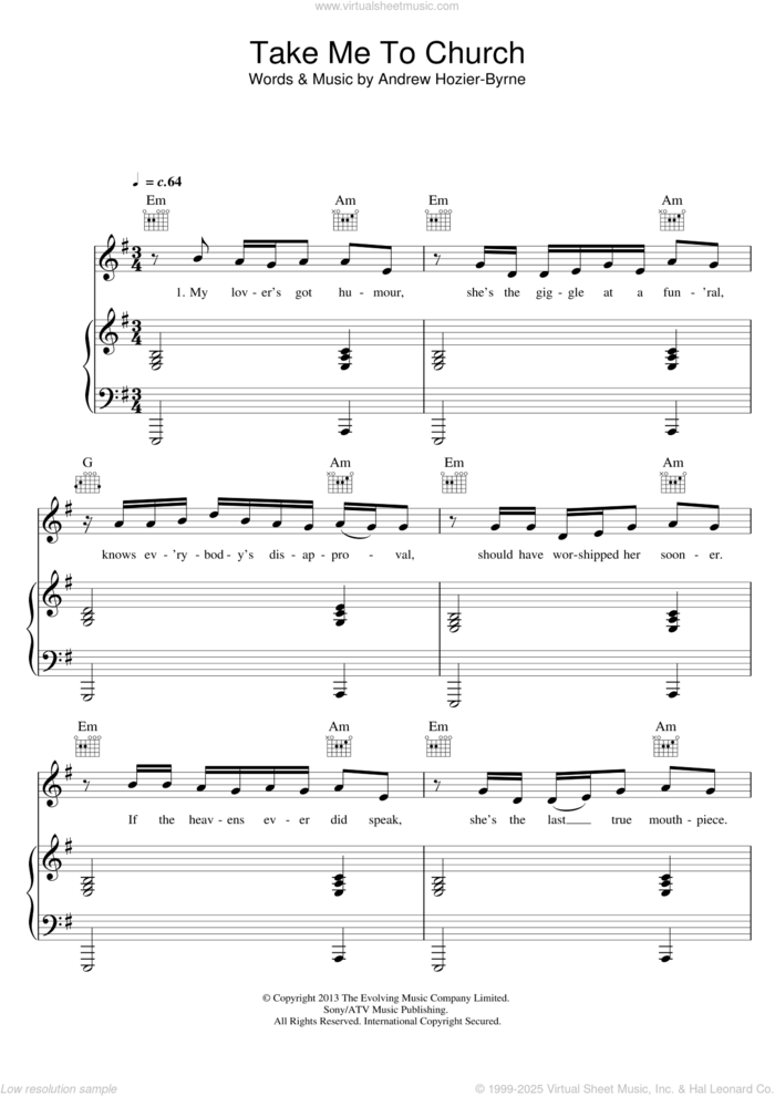 Take Me To Church sheet music for voice, piano or guitar by Hozier and Andrew Hozier-Byrne, intermediate skill level