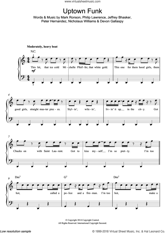 Uptown Funk (feat. Bruno Mars) sheet music for piano solo (beginners) by Mark Ronson, Bruno Mars, Devon Gallaspy, Jeffrey Bhasker, Nicholaus Williams, Peter Hernandez and Philip Lawrence, beginner piano (beginners)