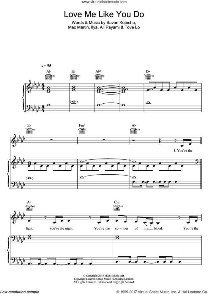 Love Me Like You Do (from 'Fifty Shades Of Grey') sheet music for voice, piano or guitar by Ellie Goulding, Ali Payami, Ilya, Max Martin, Savan Kotecha and Tove Lo, intermediate skill level