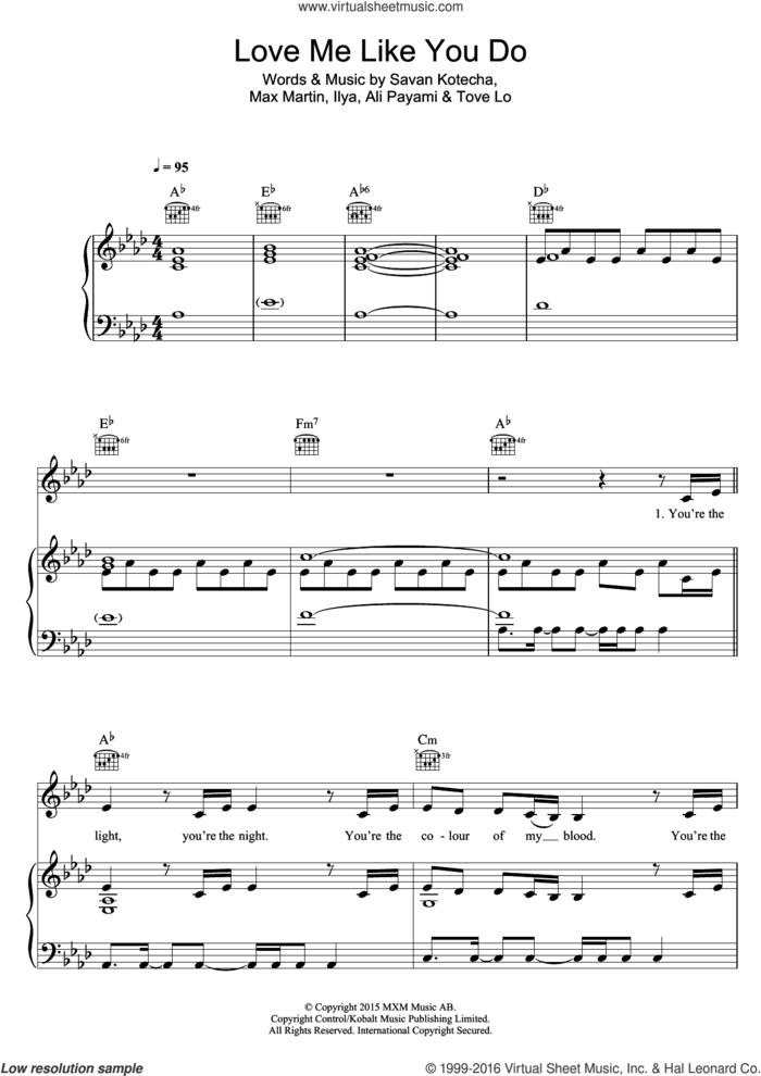 Love Me Like You Do (from 'Fifty Shades Of Grey') sheet music for voice, piano or guitar by Ellie Goulding, Ali Payami, Ilya, Max Martin, Savan Kotecha and Tove Lo, intermediate skill level