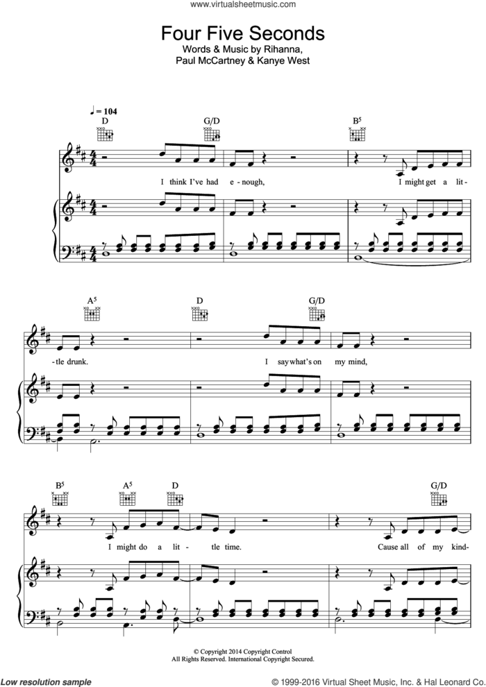 FourFiveSeconds (featuring Kanye West and Paul McCartney) sheet music for voice, piano or guitar by Rihanna, Kanye West and Paul McCartney, intermediate skill level