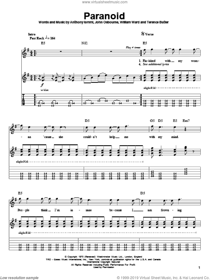 Paranoid sheet music for guitar (tablature, play-along) by Black Sabbath, Ozzy Osbourne, Anthony Iommi, John Osbourne, Terence Butler and William Ward, intermediate skill level