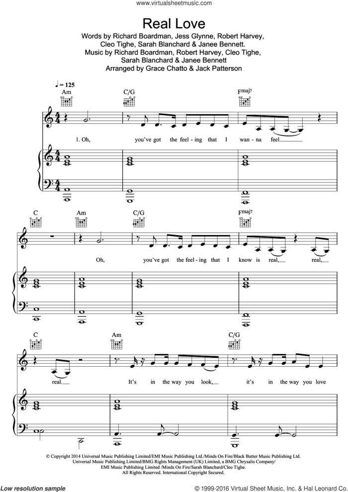 Real Love (featuring Jess Glynne) sheet music for voice, piano or guitar by Clean Bandit, Grace Chatto, Jack Patterson, Cleo Tighe, Janee Bennett, Jess Glynne, Richard Boardman, Robert Harvey and Sarah Blanchard, intermediate skill level